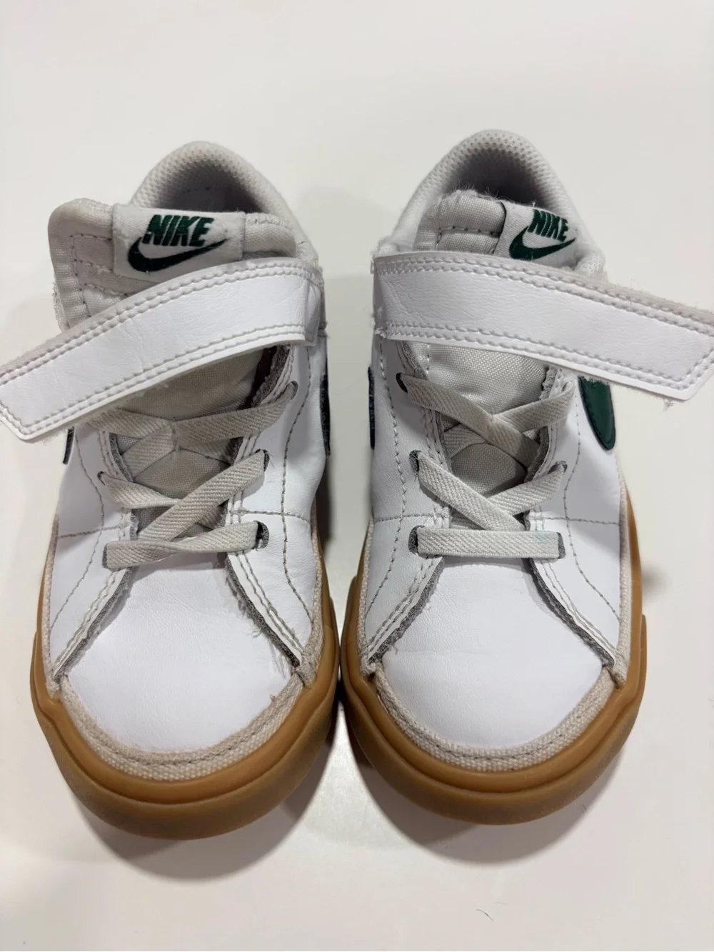 Nike Kids White Sneakers with Green Swoosh and Gum Sole